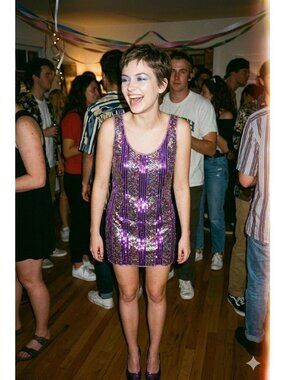 Vintage 90s Rainbow Sequin Mini Dress Purple Silk Sparkly Disco Party Glam Large